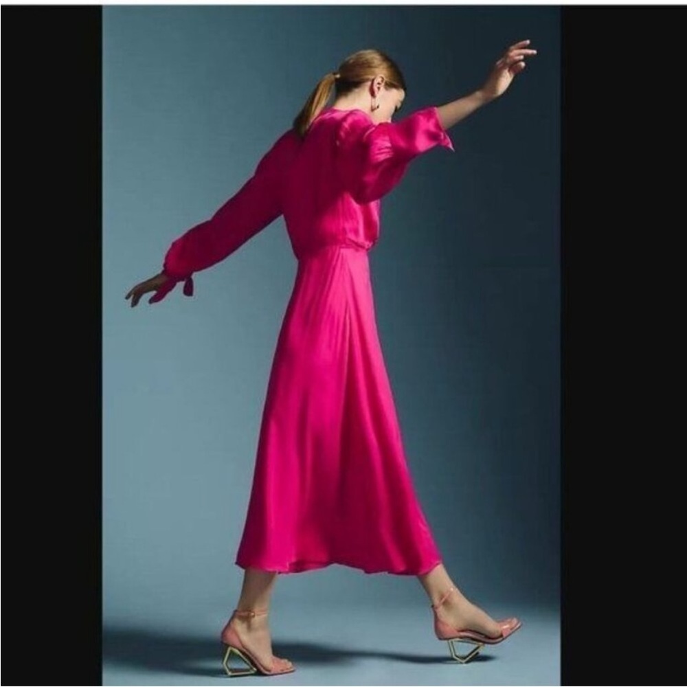 NEW! Farm Rio x Anthropologie Maxi/Midi Pink/ Long-Sleeve Cutout/Keyhole Satin - Picture 4 of 15